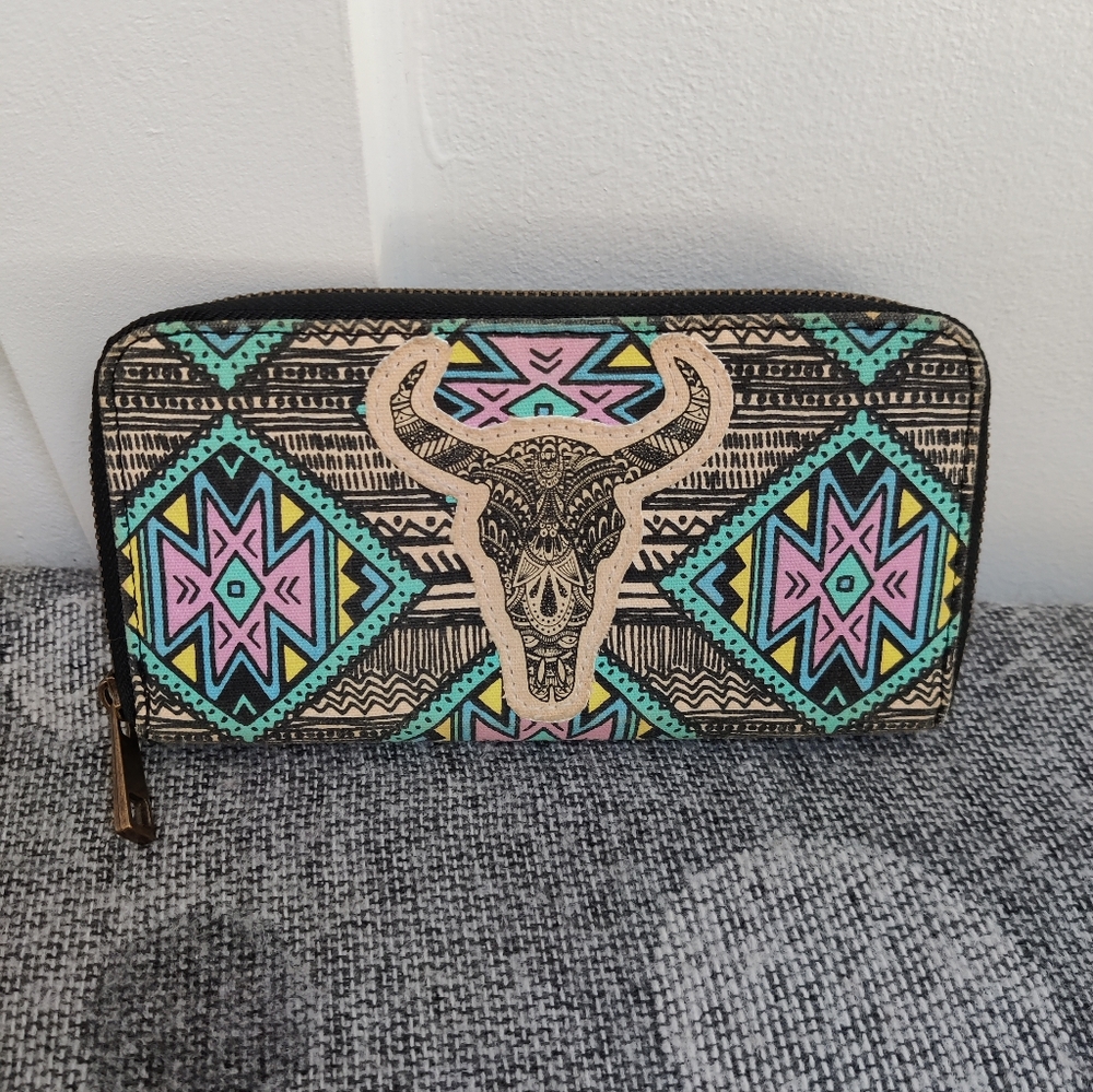 Tribal Print Boho Bull Skull Zip-Around Wallet